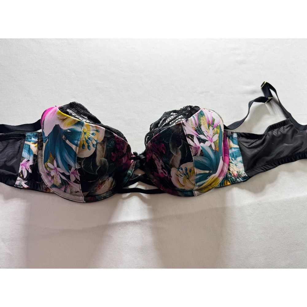 Cacique Balconette Bra Womens 42D Dark Floral Lace Strappy Black Lightly Lined